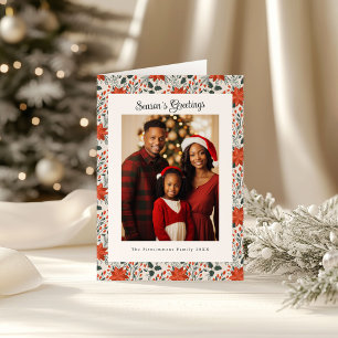 Traditional Red & Green Poinsettia Photo Christmas Card