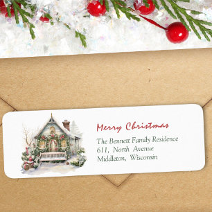 Traditional Red Green Watercolor Christmas Home Return Address Label