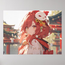 Traditional red haired anime girl at temple