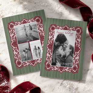 Traditional Red Lace Border Family Photo Christmas Holiday Card