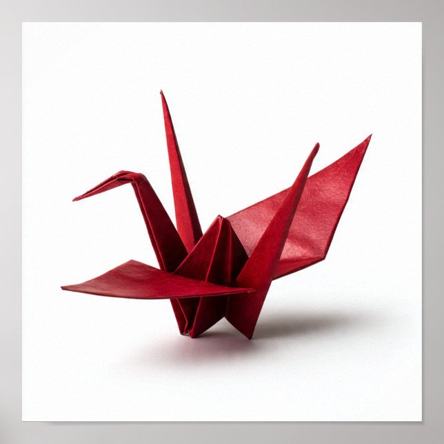 Traditional Red Origami Crane on White Poster (Front)