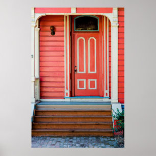 Traditional red painted wooden door and porchdoor, poster