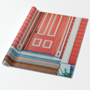 Traditional red painted wooden door and porchdoor, wrapping paper