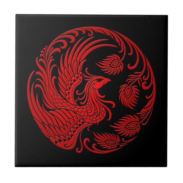 Traditional Red Phoenix Circle Ceramic Tile (Front)