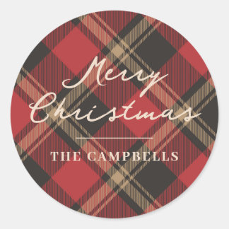 Traditional Red Plaid Classic Christmas Holiday Round Sticker