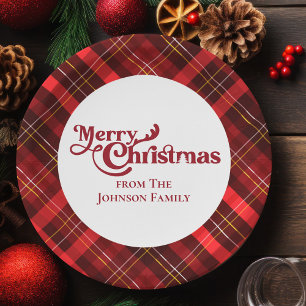 Traditional Red Plaid Tartan Merry Christmas Party Paper Plate