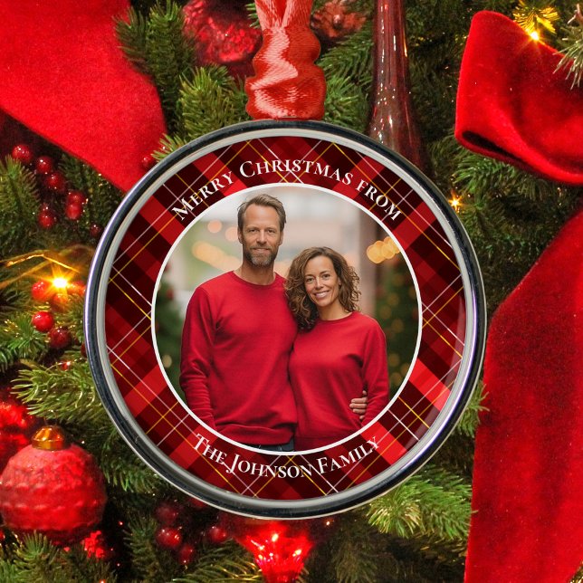 Traditional Red Plaid Tartan Photo Christmas Metal Ornament (Creator Uploaded)