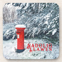 Traditional Red Postal Box and Snow on Trees