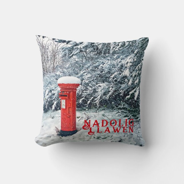 Traditional Red Postal Box and Snow on Trees Cushion (Front)
