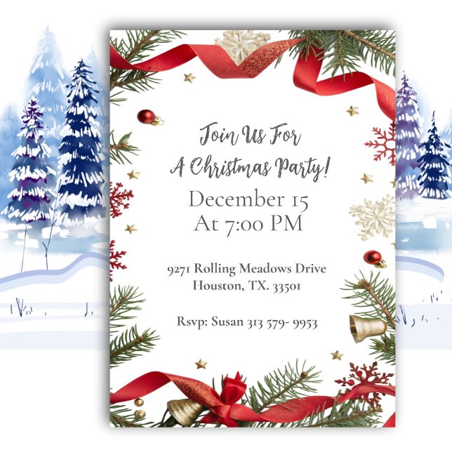 Traditional Red Ribbon Christmas Party Invitation (Creator Uploaded)