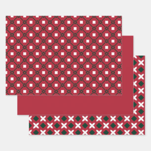 Traditional Red White and Green Pattern and Solid Wrapping Paper Sheet