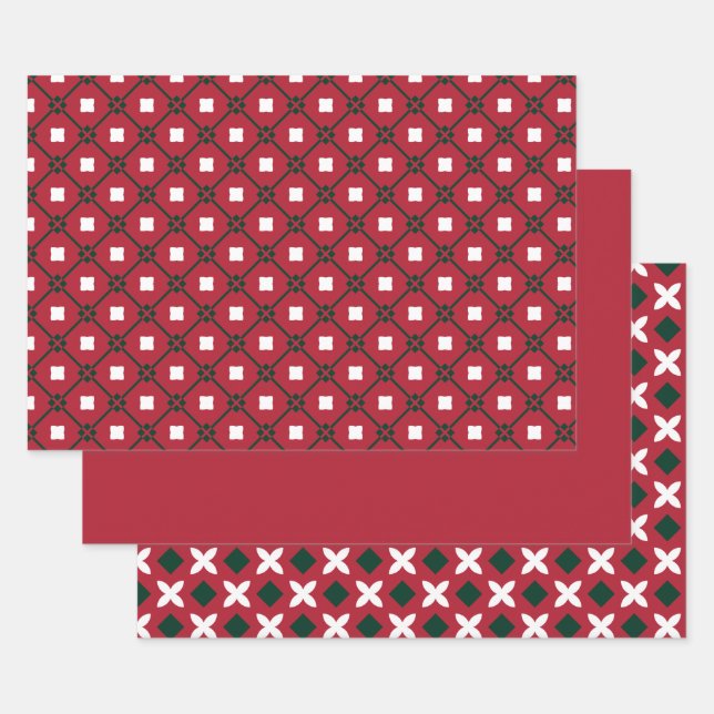 Traditional Red White and Green Pattern and Solid Wrapping Paper Sheet (Set)