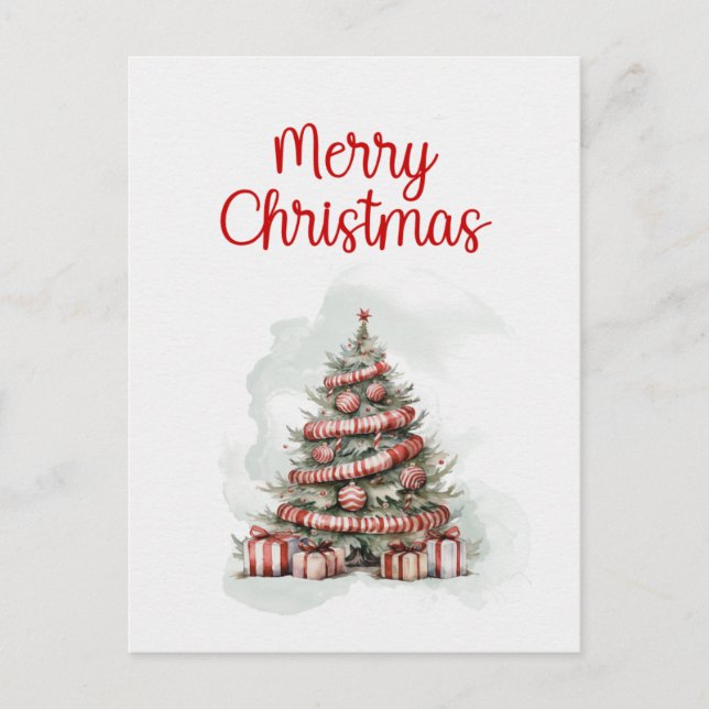 Traditional Red White Watercolor Christmas Tree Holiday Postcard (Front)