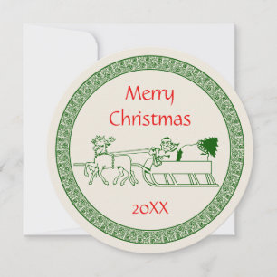 Traditional Reindeer Santa Sledge Retro Christmas Thank You Card