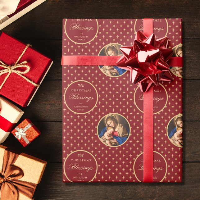 Traditional Religious Madonna & Child Christmas Wrapping Paper (Religious Christmas gift wrap with Madonna and Child in red and gold for Catholics)