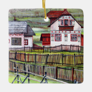 Traditional Romanian House - Watercolor Painting Ceramic Ornament