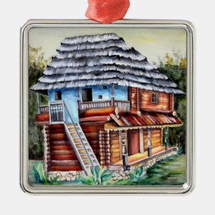 Traditional Romanian House - Watercolor Painting Metal Ornament