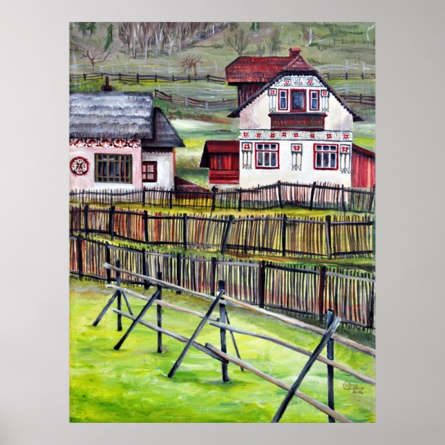 Traditional Romanian Village Hand Painted Wall Art (Front)