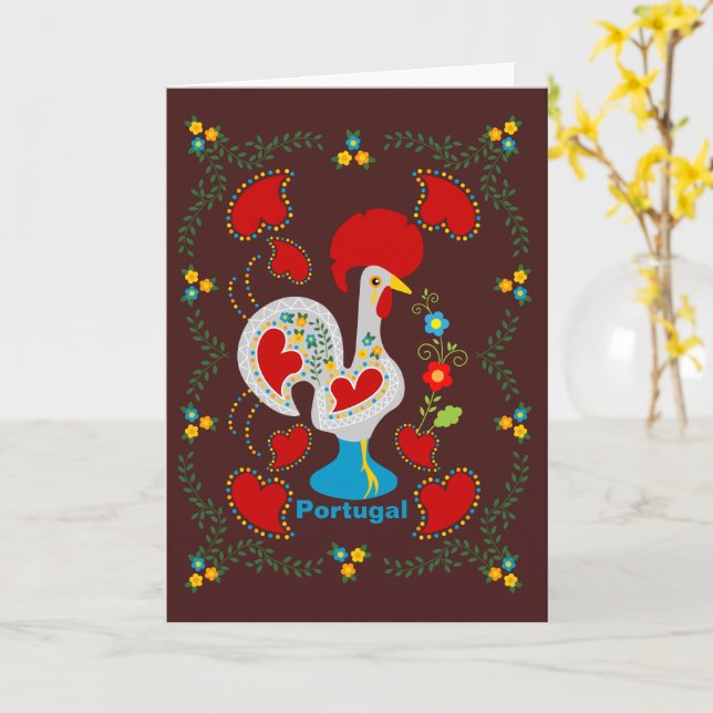 Traditional Rooster of Barcelos in white Card (Yellow Flower)