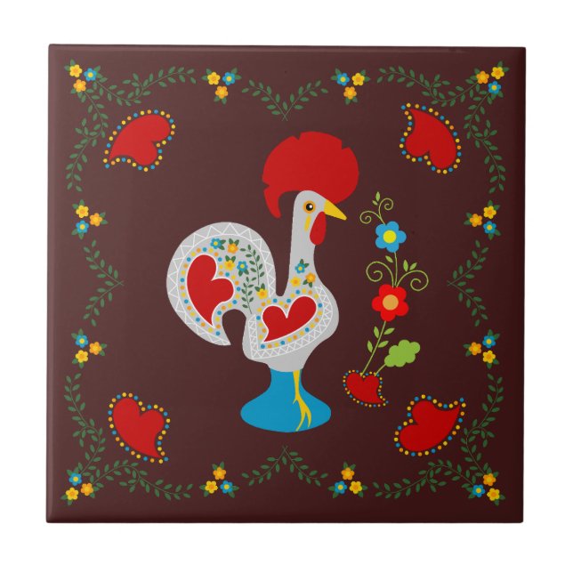Traditional rooster of Barcelos in white Ceramic Tile (Front)