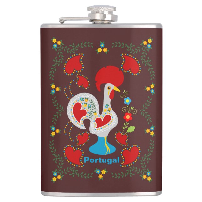 Traditional rooster of Barcelos in white Hip Flask (Front)