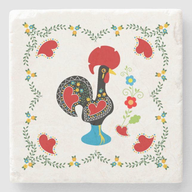 Traditional Rooster of Portugal in black Stone Coaster (Front)