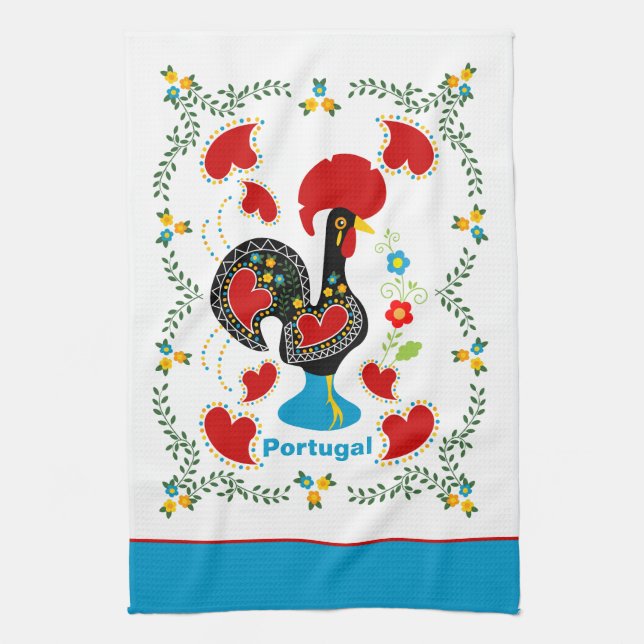 Traditional Rooster of Portugal in black Tea Towel (Vertical)