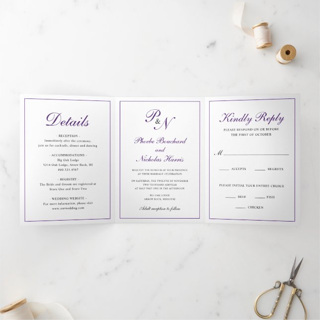 Traditional Royal Purple Monogram Elegant Wedding Tri-Fold Invitation (Inside)