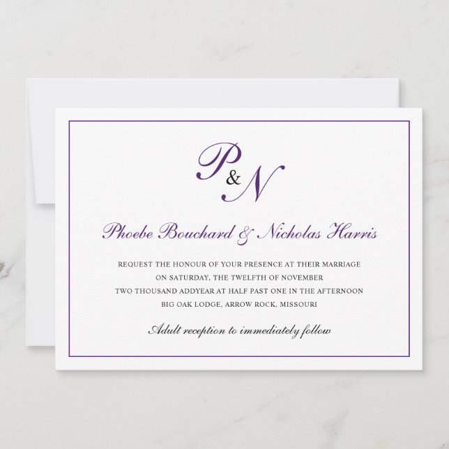 Traditional Royal Purple Monogram Formal Wedding Invitation (Front)