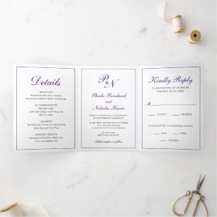 Traditional Royal Purple Monogram Formal Wedding Tri-Fold Invitation