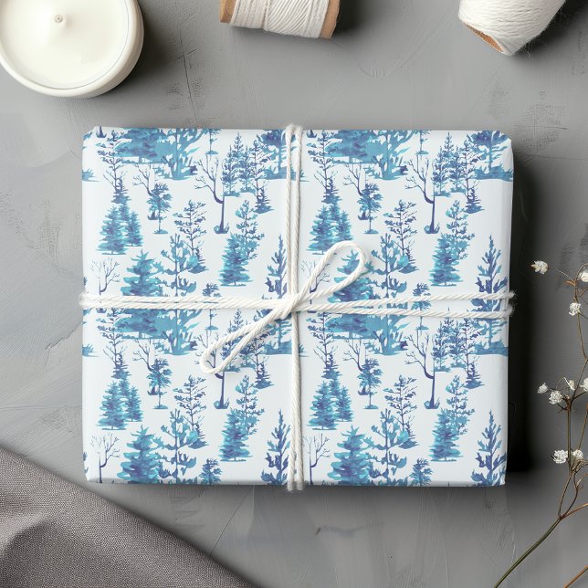 Traditional Rustic Blue Nordic Pine Tree Forest  Wrapping Paper Sheet (Creator Uploaded)