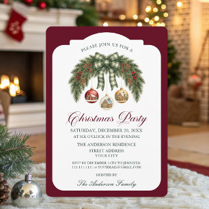 Traditional Rustic Burgundy Christmas Party   Invitation