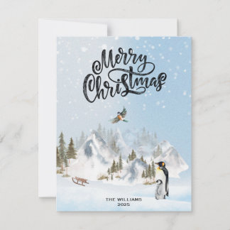 Traditional Rustic penguin Winter Merry Christmas Holiday Card