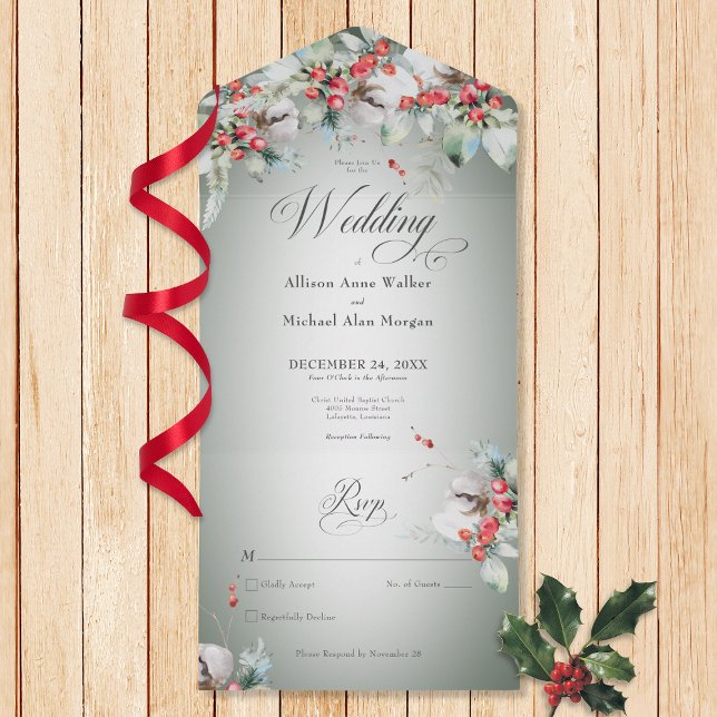 Traditional Rustic Winter Holly Berries No Dinner All In One Invitation (Creator Uploaded)