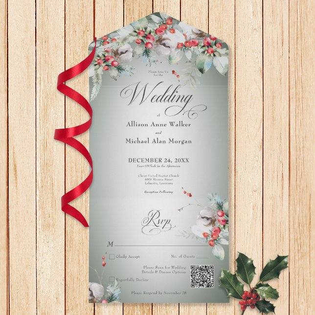 Traditional Rustic Winter Holly Berries QR Code All In One Invitation (Creator Uploaded)