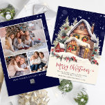 Traditional Rustic Winter Photo Merry Christmas Holiday Card<br><div class="desc">This elegant Christmas card features watercolor holiday home with customisable text for your greeting and family name. Back features 3 of your favourite photos and custom message on a navy blue background. Perfect for sending holiday cheer to your friends and family.</div>