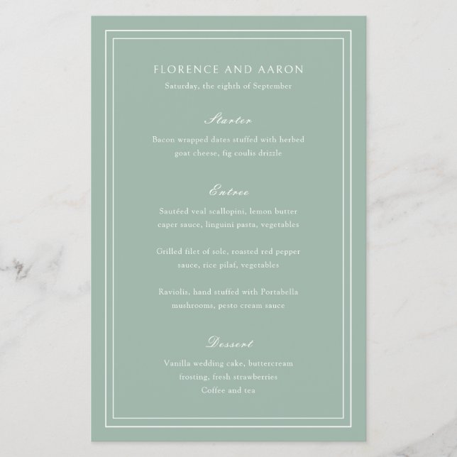 Traditional Sage Green Budget Wedding Menu (Front)
