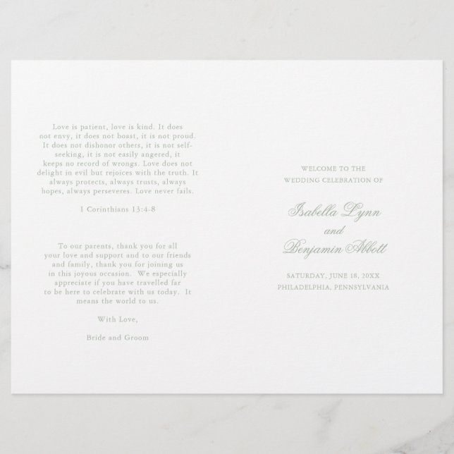 Traditional Sage Green Formal Wedding Program (Front)