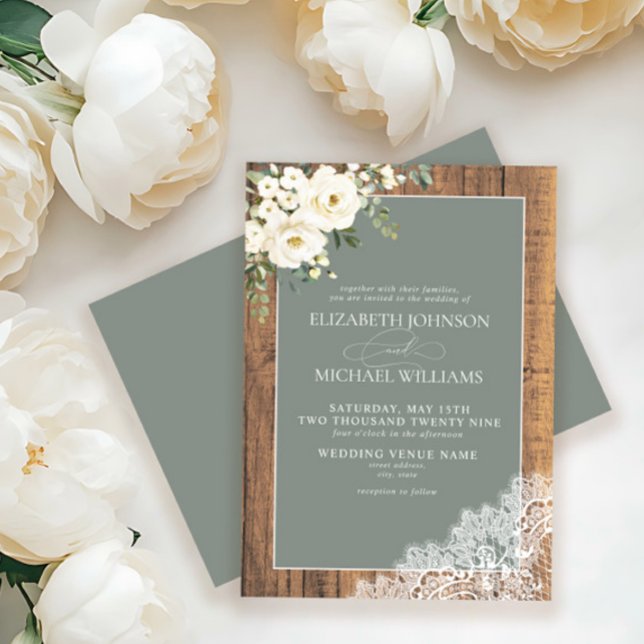 Traditional Sage Green Rustic Wood Script Wedding Invitation (Creator Uploaded)