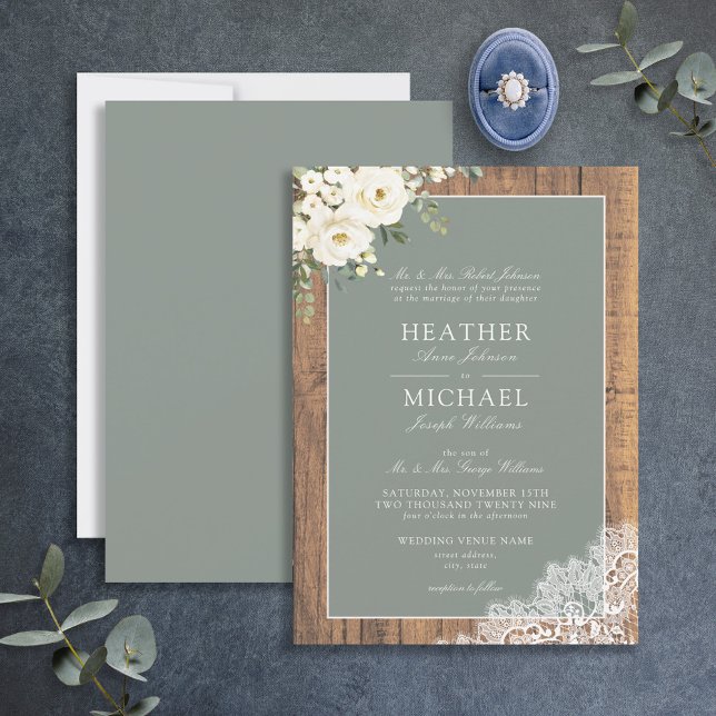 Traditional Sage Green Rustic Wood Script Wedding Invitation (Creator Uploaded)