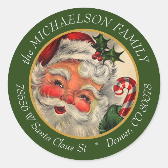Traditional Santa Christmas Return Address Classic Round Sticker (Front)