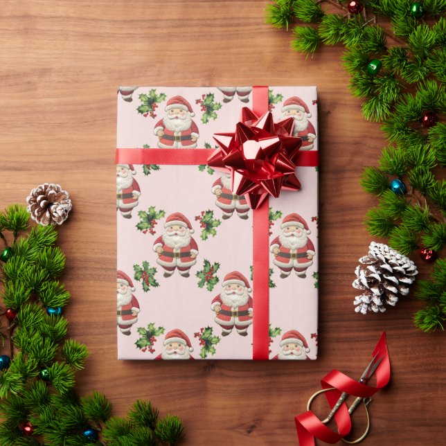 Traditional Santa Claus Christmas Holiday Holly Wrapping Paper (Holiday Gift)