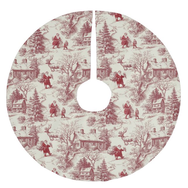 Traditional Santa Claus Red on Cream Toile De Jouy Brushed Polyester Tree Skirt (Front)