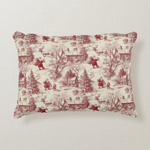 Traditional Santa Claus Red on Cream Toile De Jouy Decorative Cushion