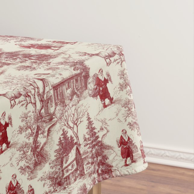 Traditional Santa Claus Red on Cream Toile De Jouy Tablecloth (In Situ)