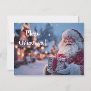 Traditional Santa Claus with a Christmas Gift in a Postcard