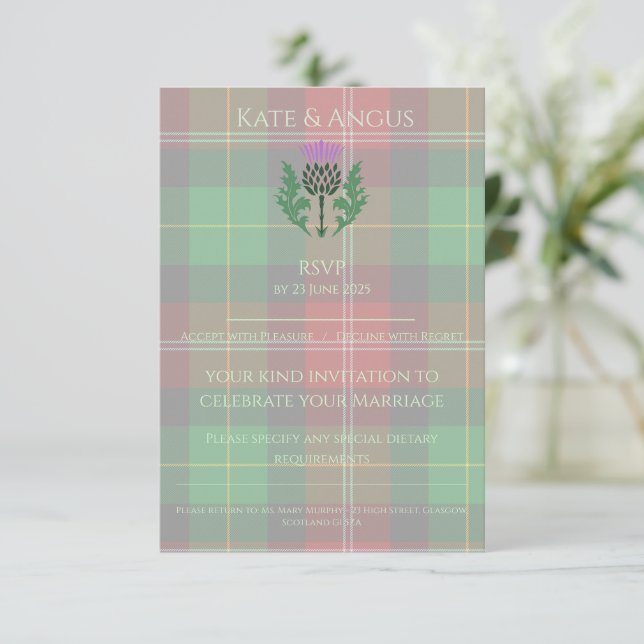 Traditional Scottish Tartan and Scotland Thistle RSVP Card (Standing Front)