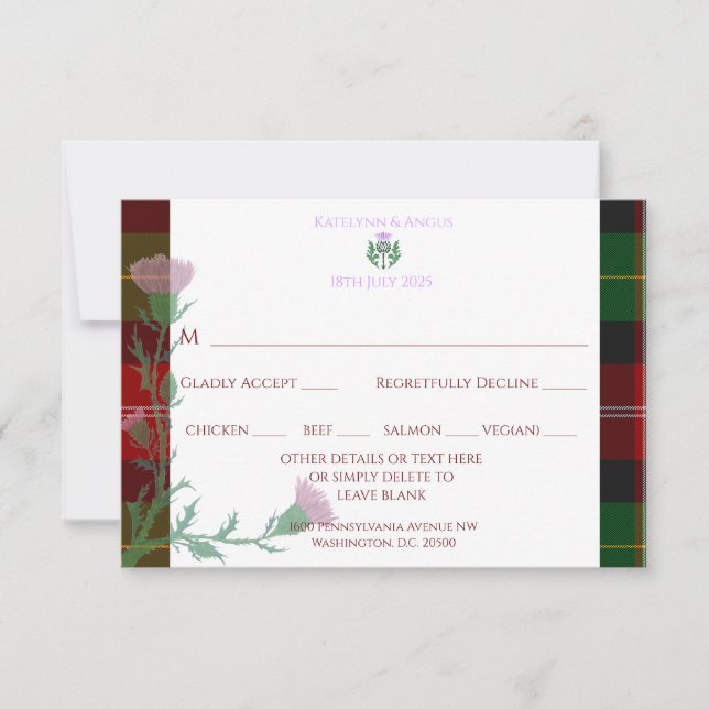 Traditional Scottish Tartan Border & Thistle RSVP Card (Front)