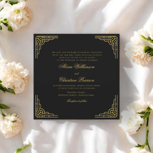 traditional script black gold wedding invitation