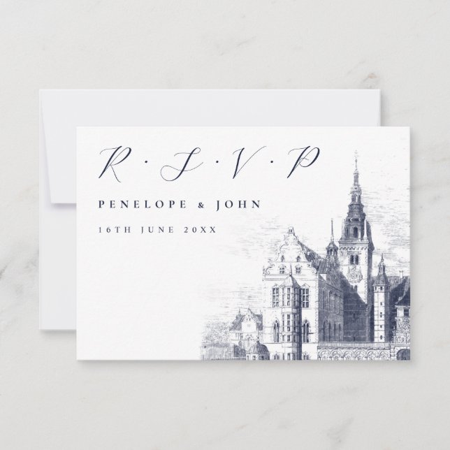 Traditional Script Palace Illustration Wedding RSVP Card (Front)